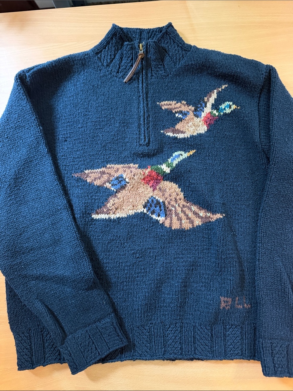 Vintage 1990s Lauren Ralph Lauren Navy Half-Zip Sweater with Duck Intarsia